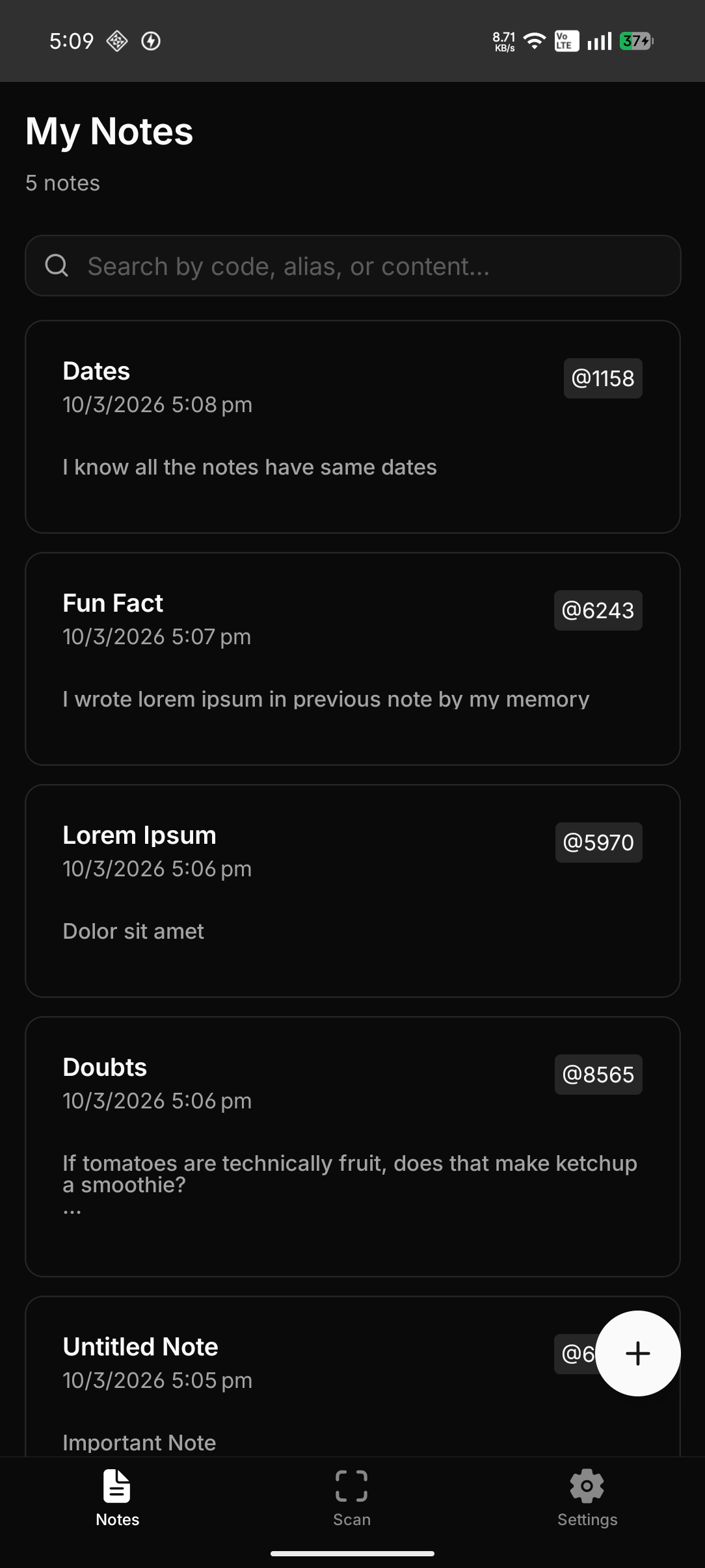 KeyNoteX notes screen